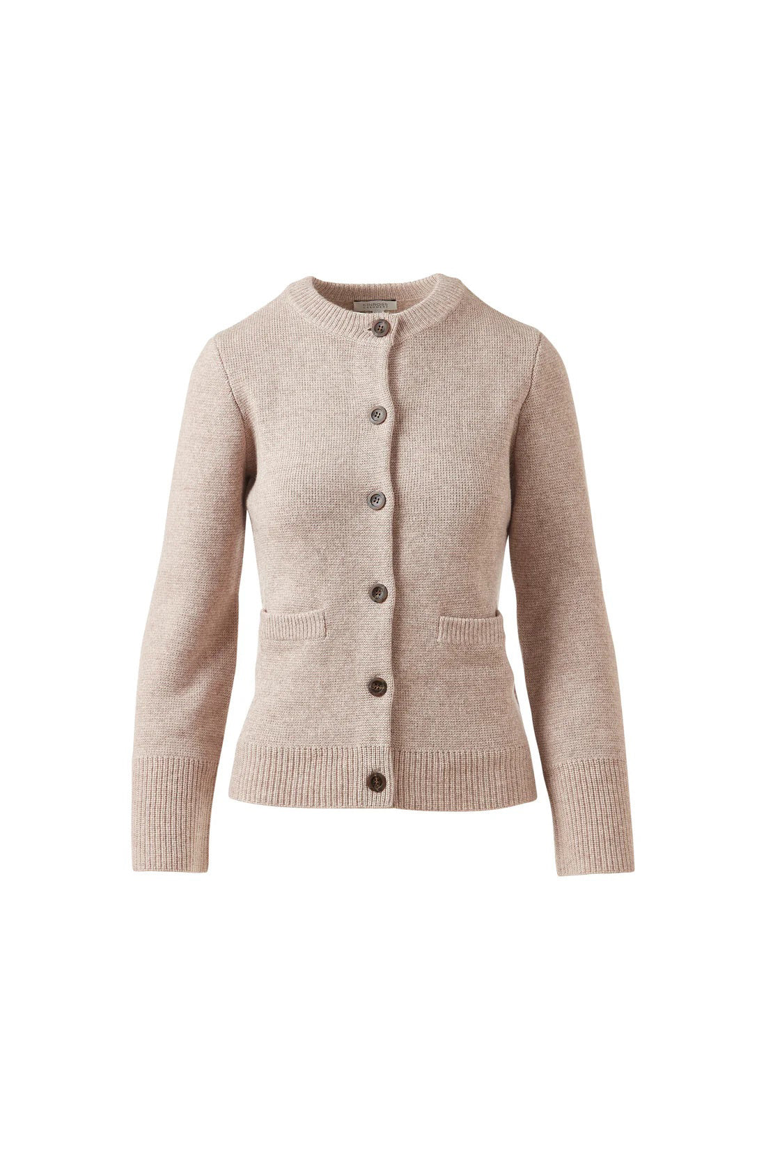 The KINROSS CASHMERE Doubleknit Fitted Crew Neck Cardigan features beige wool-cashmere fabric, long sleeves, ribbed cuffs and hem, front pockets, and a round neckline, shown on a plain white background.
