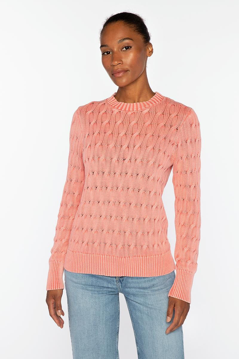 The KINROSS CASHMERE Stonewash Cable Crew Neck Cotton Sweater in White features long sleeves, a round neckline, and ribbed cuffs, hem, and collar. Made from 100% cotton knitwear by KINROSS. Shown on a plain white background.