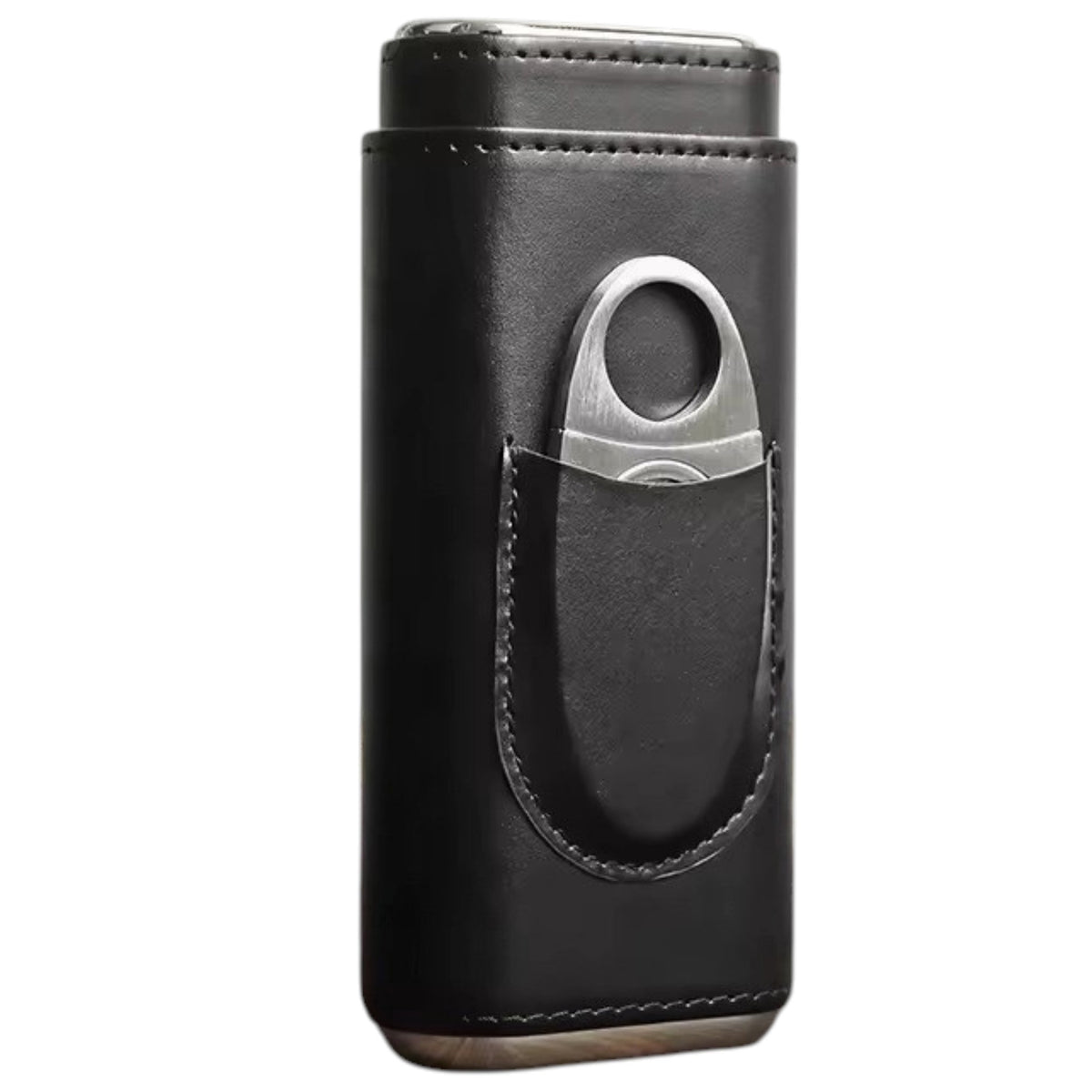 The AMERICAN LEATHER GOODS Leather Cigar Case with Wood-Lined Humidor and Cutter in Black rests on a wooden surface, with another travel humidor case in brown visible in the background.
