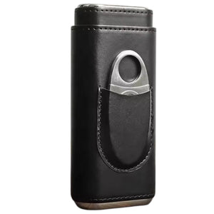 The AMERICAN LEATHER GOODS Leather Cigar Case with Wood-Lined Humidor and Cutter in Black rests on a wooden surface, with another travel humidor case in brown visible in the background.