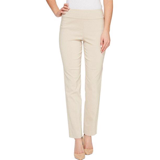 A person is wearing KRAZY LARRY, INC&#39;s PULL ON ANKLE PANT in a slim fit beige straight-leg style and black high-heeled shoes against a white background. The outfit is completed with a sleeveless black top that reveals part of the arms and torso.