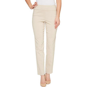 A person is wearing KRAZY LARRY, INC's PULL ON ANKLE PANT in a slim fit beige straight-leg style and black high-heeled shoes against a white background. The outfit is completed with a sleeveless black top that reveals part of the arms and torso.