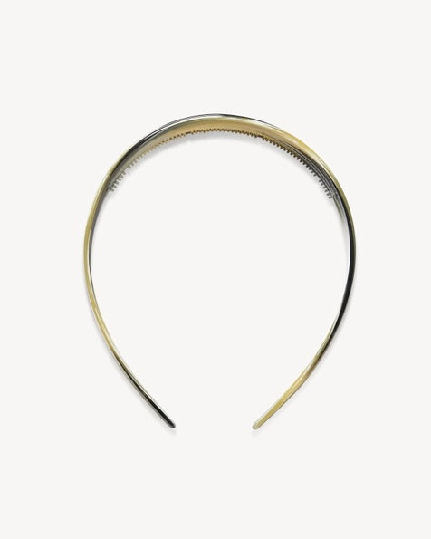 The MACHETE - WIDE HEADBAND IN HORN by MACHETE is lightweight and comfortable, showcasing a marbled pattern in yellow, gray, white, and black tones. Expertly crafted from premium Italian acetate, it is elegantly displayed on a plain white background.