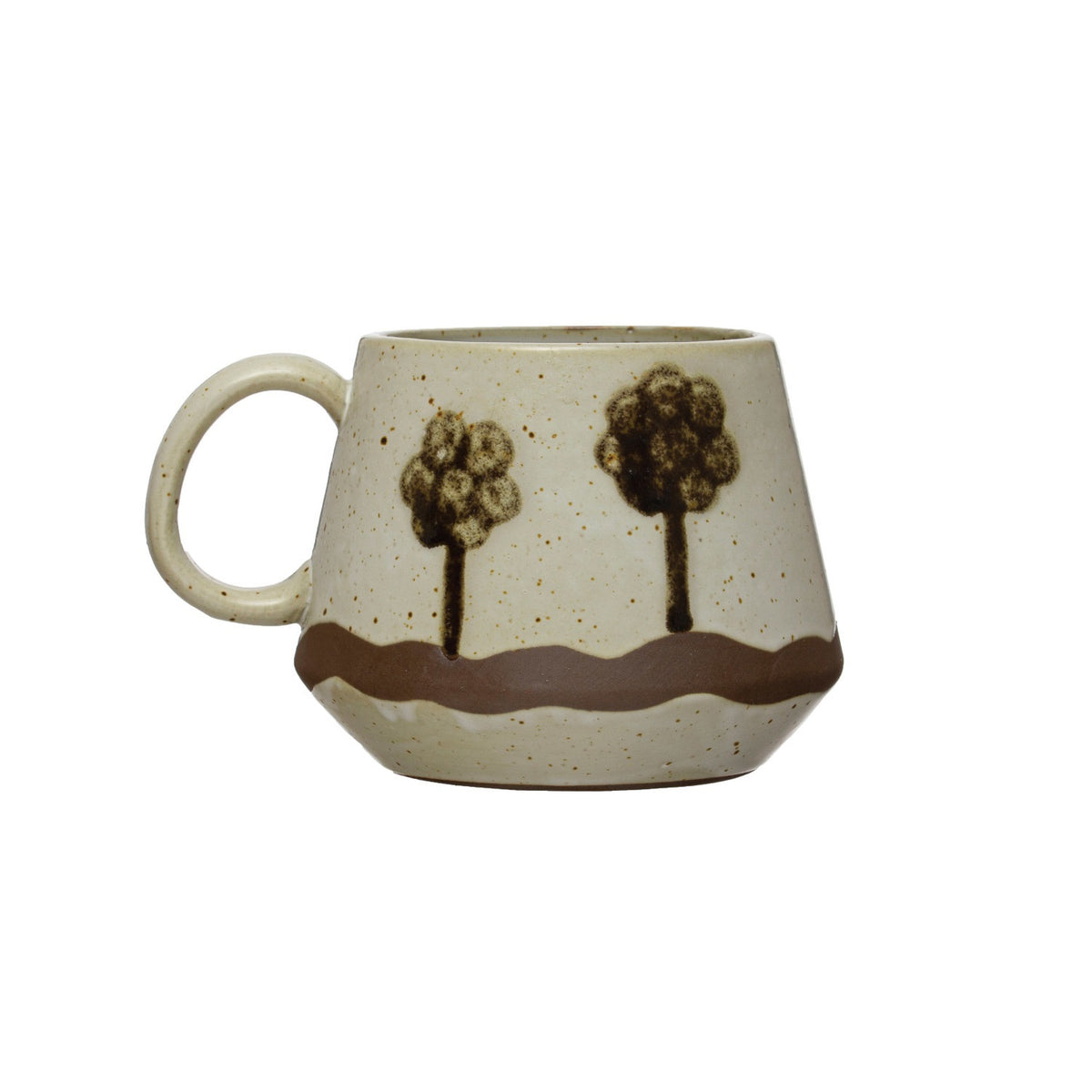 The HAND-PAINTED STONEWARE MUG WITH TREES by CREATIVE COOP features a beige finish, wide base (4.5" width, 3.5" height), round handle, tree design with a wavy stripe—an artisan mug ideal for your favorite coffee or tea.