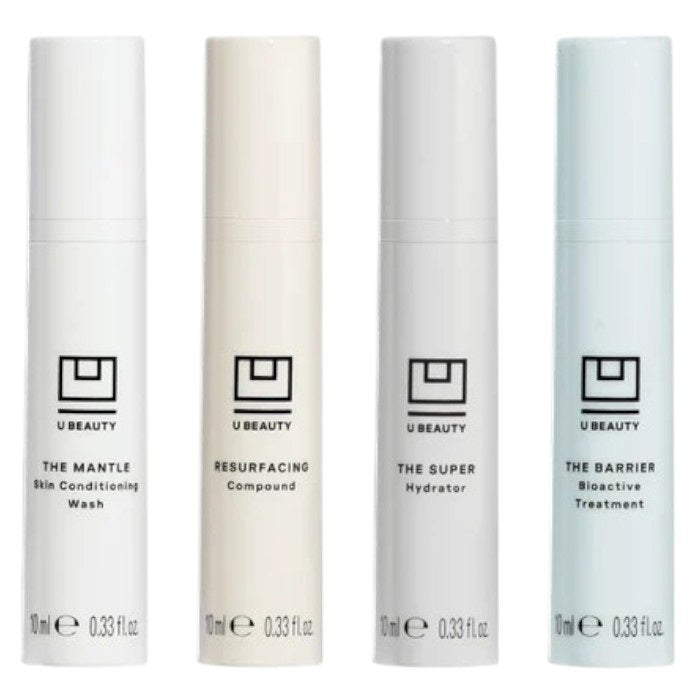 THE INDEX SET VOL II 10ML by U BEAUTY includes four 10ml skincare essentials—The Mantle, Resurfacing Compound, SUPER Hydrator, and The Barrier—in sleek white travel-friendly bottles for easy skincare on the go.