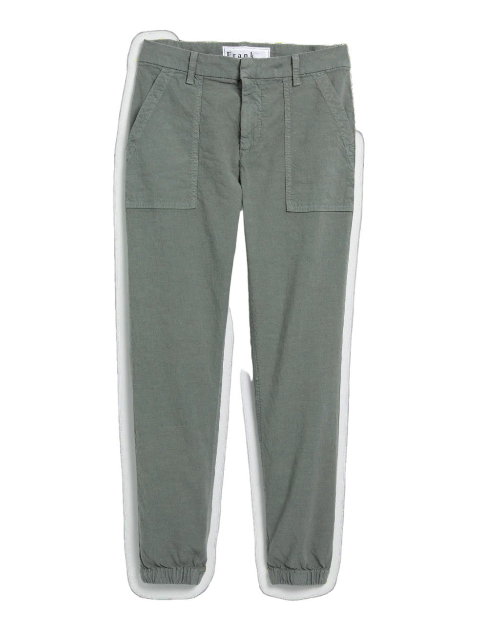 The FRANK AND EILEEN - THE JAMESON UTILITY JOGGER by FRANK &amp; EILEEN, shown against a light gray background, is a pair of navy blue pants with a straight-leg design. These joggers feature an elastic high-rise waistband, multiple utility pockets, and cuffed ankles.