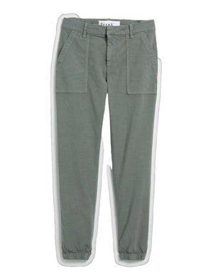 The FRANK AND EILEEN - THE JAMESON UTILITY JOGGER by FRANK & EILEEN, shown against a light gray background, is a pair of navy blue pants with a straight-leg design. These joggers feature an elastic high-rise waistband, multiple utility pockets, and cuffed ankles.