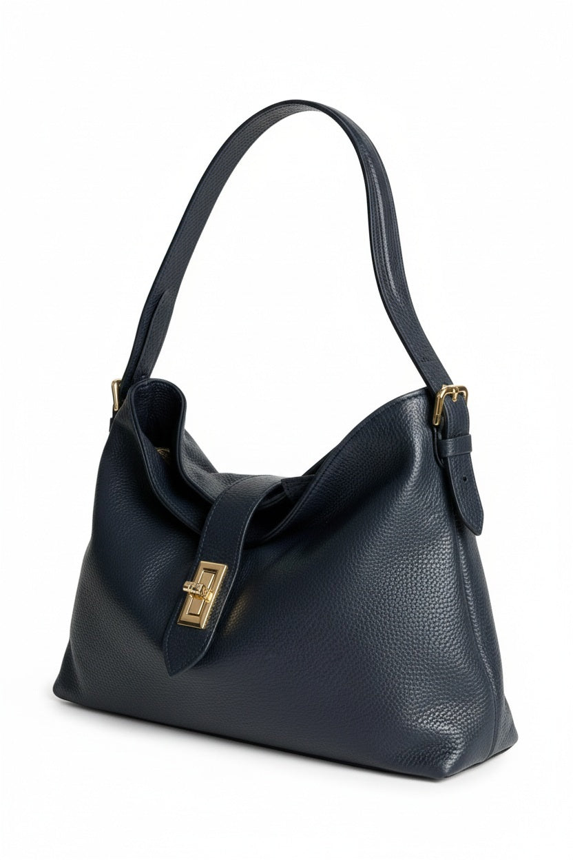 LE BORSETTE LEATHER HANDBAG IN NAVY BLUE featuring pebbled Italian leather, a gold-tone turn-lock closure, and an adjustable strap.