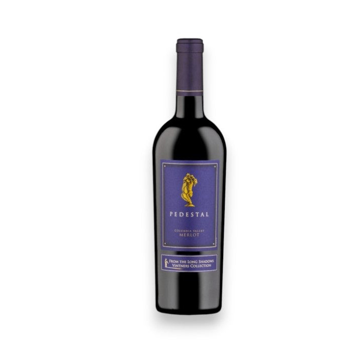 A bottle of red wine labeled “2021 LONG SHADOWS SAGGI SANGIOVESE” from WINE: ADVINTAGE, with a gold emblem on a dark purple label, featuring notes of oak spice and dark fruit, and the words "Long Shadows Vintners Collection.