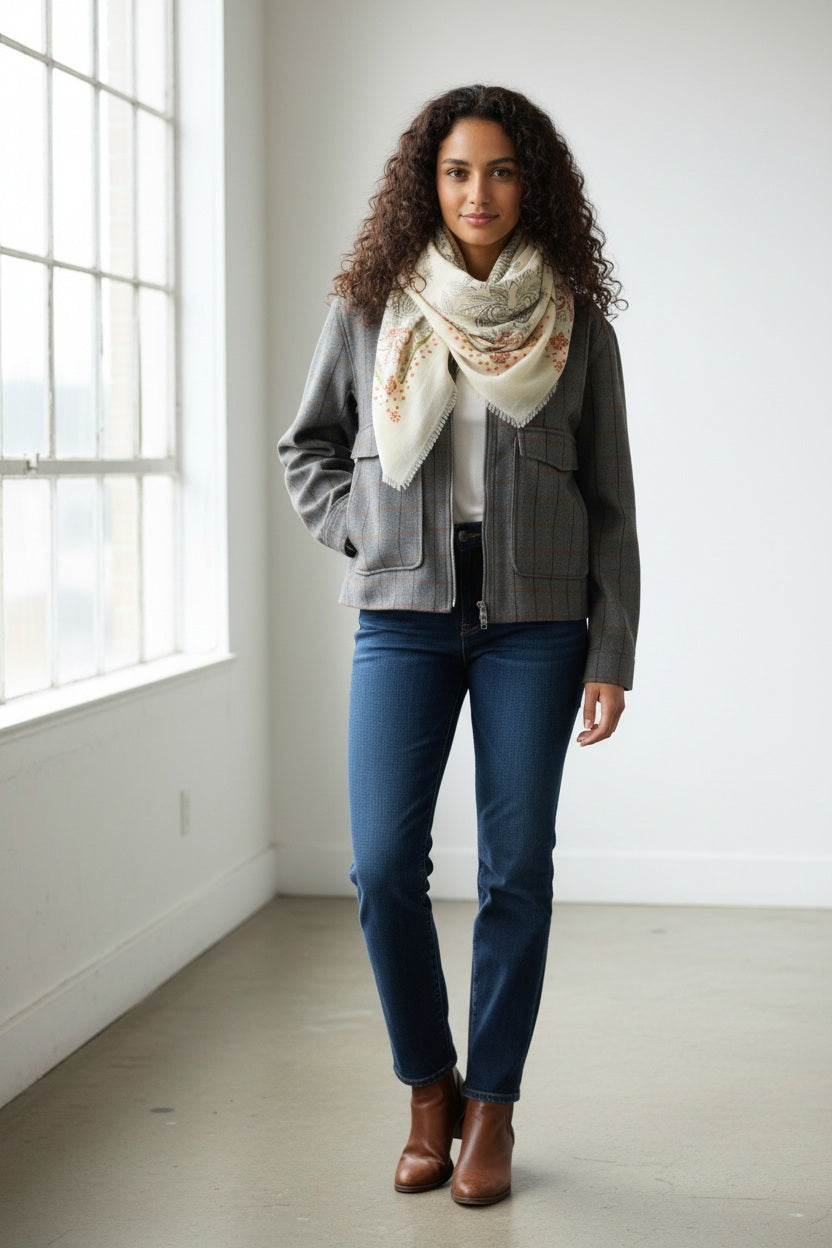 A woman with curly hair stands indoors by a large window, wearing a gray plaid jacket, blue jeans, and brown ankle boots. She accessorizes her outfit with the STORIATIPIC - NELLY Wool Bandana Scarf with Embroidery in Natural (100 x 100 cm) from STORIATIPIC. With her hands in her jacket pockets, she looks at the camera.
