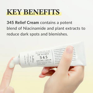 A white tube of "DR ALTHEA - 345 RELIEF CREAM" from GLOWISS stands upright against a light gray background. The tube, labeled "345," features black text detailing the product and brand, promising acne relief with niacinamide skincare benefits.
