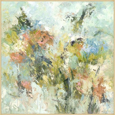 The GLORY OF SPRING 2 ARTWORK by WENDOVER features abstract painting on a gallery-wrapped canvas, showcasing a harmonious blend of light and dark green, blue, pink, and yellow brushstrokes. The colors meld together to evoke the impression of a garden or foliage, creating a sense of movement and texture with vibrant yet delicately blurred forms.
