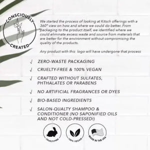 A round, beige solid conditioner bar sits on its light gray packaging labeled "KITSCH Coconut Repair Deep Conditioning Bar Mask." Infused with coconut oil for softness and shine, it detangles and conditions. The package highlights "Color Safe," "pH Balanced," "Vegan," and plastic reduction.