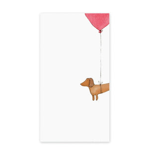 The E. FRANCES - NOTEPAD HOTDOG HIGH by E. FRANCES PAPER is a white recycled paper notepad with a dachshund hanging from a red balloon—perfect stationery for dog moms and a thoughtful gift for pet parents.