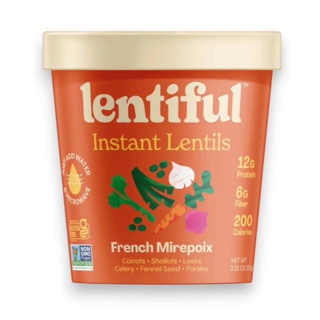A container of LENTIFUL - FRENCH MIREPOIX INSTANT LENTILS by LENTIFUL, with a red lid and vegetable images. Each serving provides 12g protein, 6g fiber, and 200 calories. The lentils feature a Mirepoix flavor with French-style seasoning.