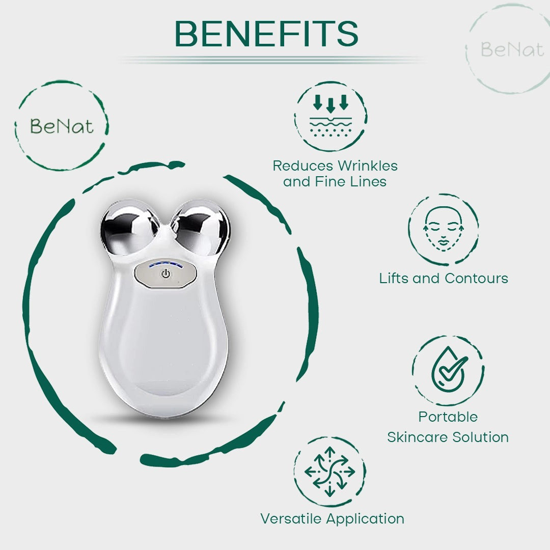 The ETERUS MICROCURRENT FACIAL TONING DEVICE is a sleek white device with two spherical metal nodes, a central power button, and an LED indicator above it, designed for effortless facial toning.