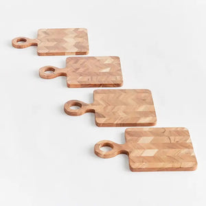 Four NAPA HOME AND GARDEN Renata Mini Serving Boards with handles, each featuring a chevron pattern and slight size variations, are arranged diagonally on a white background.