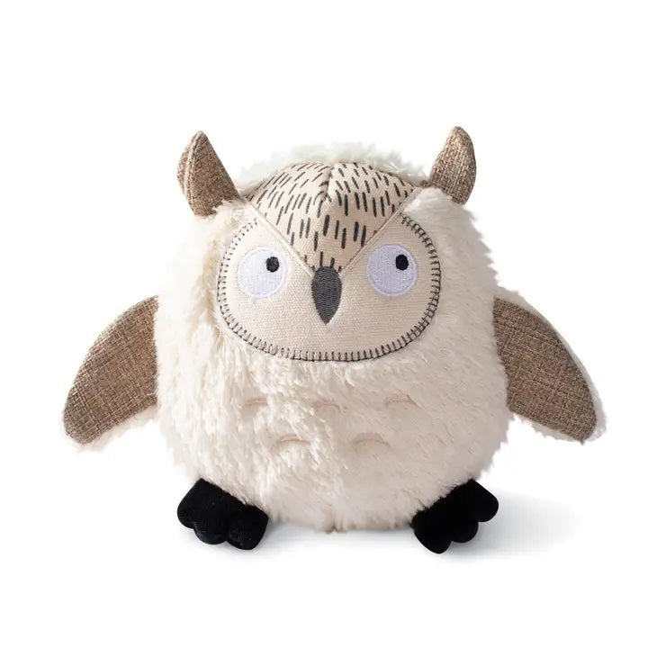 The PET SHOP BY FRINGE STUDIO&#39;s WHOOOO&#39;S THERE OWL DOG TOY is a plush owl made from sustainable, recycled materials. This eco-friendly toy features biodegradable hemp, a TPR spiky squeaky ball, organic cotton faux fur, crazy crinkle paper, jute, non-toxic cotton canvas, and recycled water bottle fill.