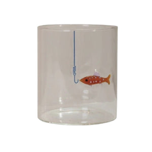 Set of three CREATIVE COOP HAND-BLOWN DRINKING GLASS WITH FISH ON HOOK, each with a unique green, blue, or red fish design—perfect for adding a playful accent to any coastal décor.
