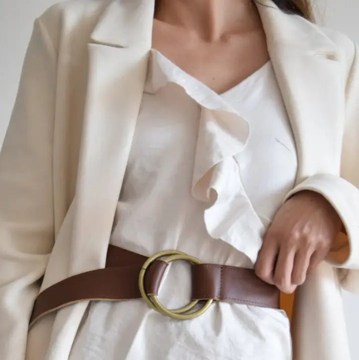 ADA Josie Belt in Chocolate: a brown leather two-ring belt with a classic double brass-toned circular buckle.