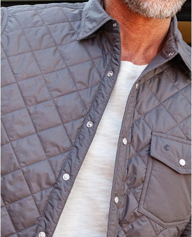 A smiling man with gray hair and a beard wears the CRIQUET - QUILTED SHACKET IN CHARCOAL by CRIQUET over a light shirt and tan pants, standing against a white background.