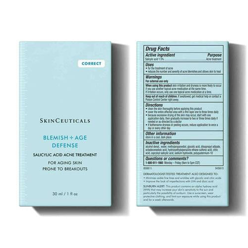 An amber glass dropper bottle with a black cap, labeled &quot;SKIN CEUTICALS - BLEMISH AGE DEFENSE.&quot; This salicylic acid face serum is designed as an acne treatment for aging skin prone to breakouts. The label specifies the product volume as 30ml or 1 fl oz.