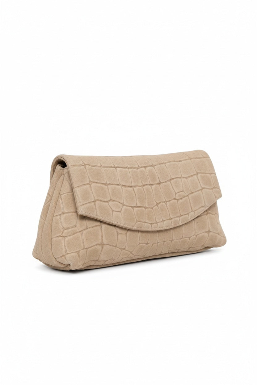 Fearrington Village OLIVEVE Valentina clutch in ecru Italian croco-embossed suede with magnetic snap closure.