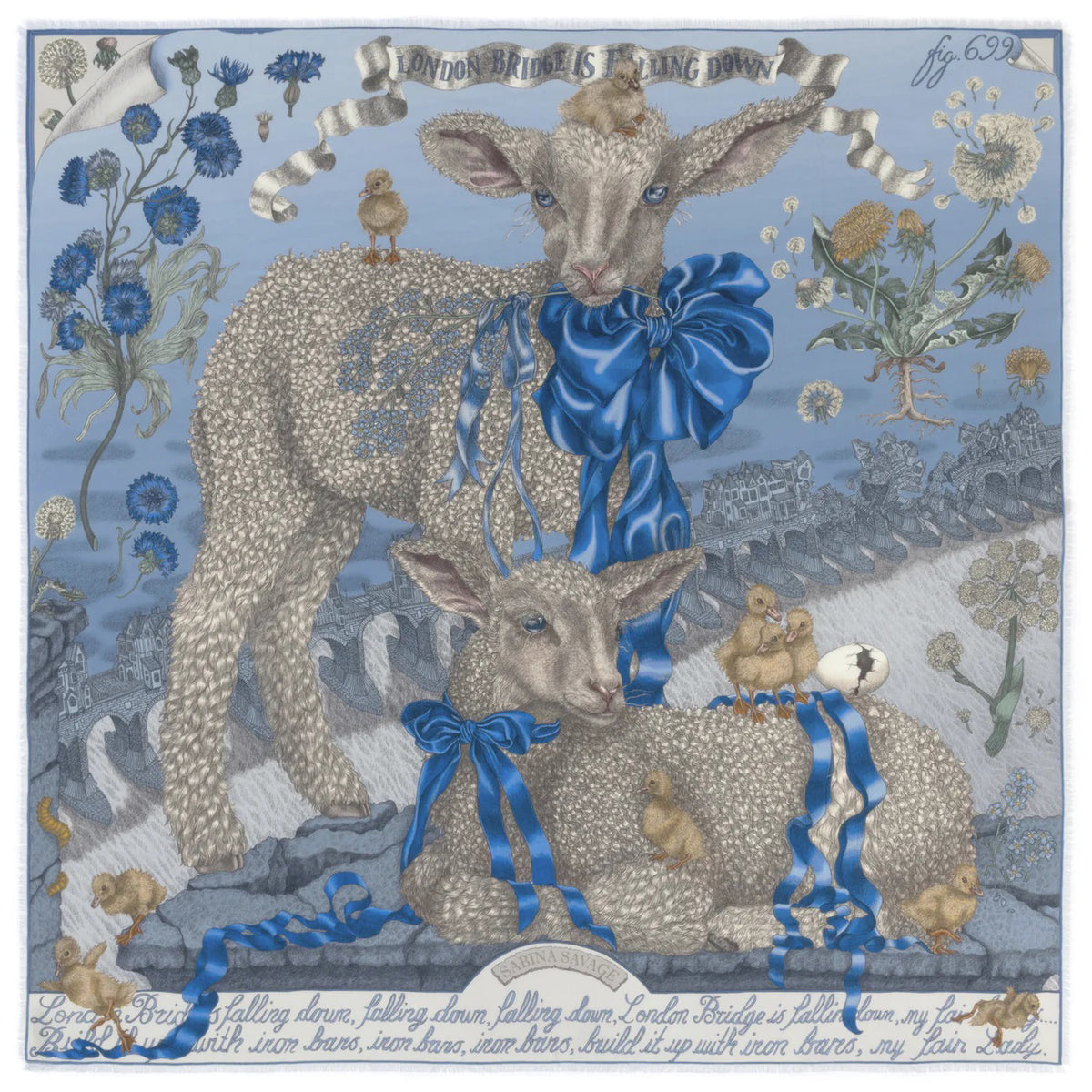 The SABINA SAVAGE ENGLAND cashmere scarf, named "London Bridge is Falling Down," displays intricate nature-themed illustrations of rabbits, flowers, and baby lambs on a light blue background. Tied in a loose knot, the scarf beautifully highlights its detailed patterns.