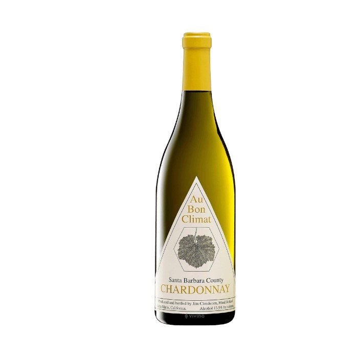 The AU BON CLIMAT CHARDONNAY 2023 from WINE: EMPIRE DISTRIBUTING in Santa Barbara County boasts a yellow cap and a white label featuring a triangular logo, text, and grapevine graphic.
