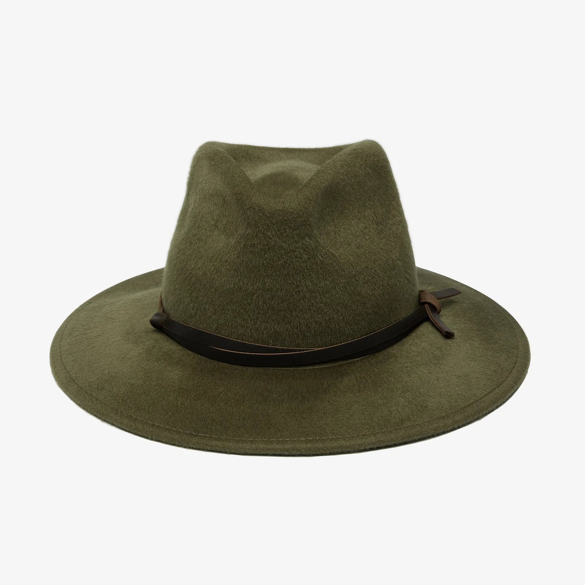 WYETH - FOLEY FEDORA IN OLIVE, a packable olive green brushed wool fedora featuring a dark brown genuine leather band tied around the crown.