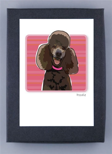 Framed drawing from PAPER RUSSELLS of a brown poodle with a pink collar on a pink striped background. The illustration is printed on FSC-certified recycled paper, centered on a white mat within a black frame.