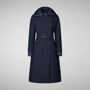 The SAVE THE DUCK GABRIELLE LONG SLEEVE COAT, a navy blue, water-resistant trench with a belted waist, matching buttons, and quilted hood and cuffs from SAVE THE DUCK, is shown on a plain light gray background.