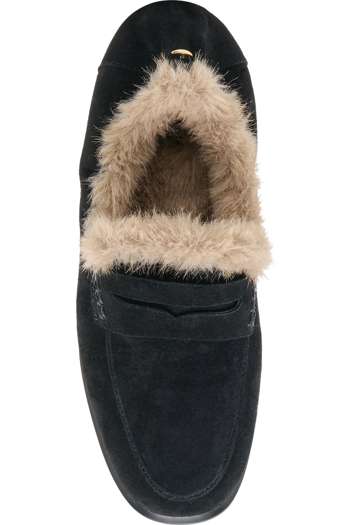 DOLCE VITA - CLOEY PLUSH LOAFERS IN ONYX SUEDE: black suede penny loafer with a collapsible heel and tan faux shearling lining.