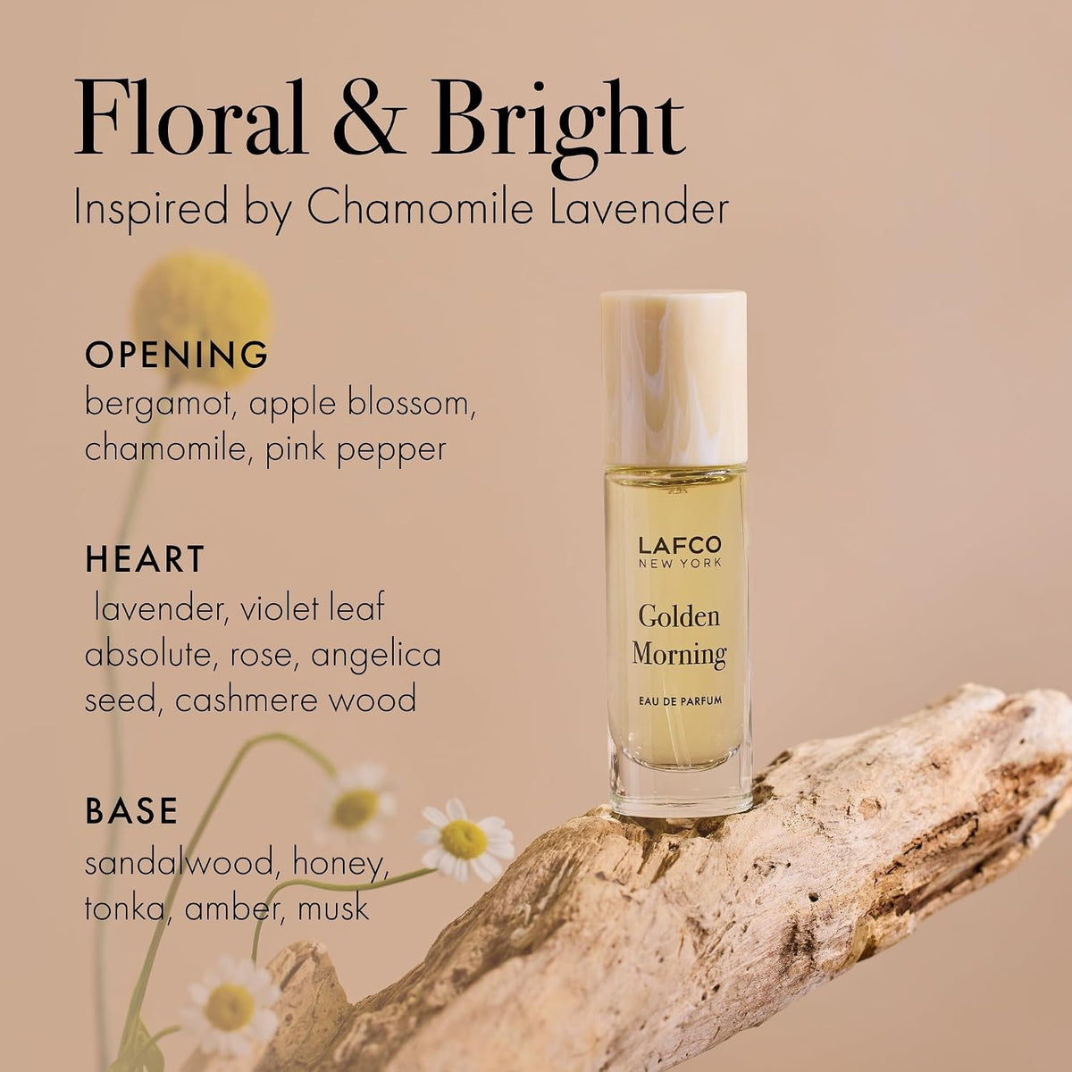 Housed in a clear glass bottle with a beige cap and minimalist black labeling, LAFCO Fine Fragrance Golden Morning 10ml is a floral perfume delicately crafted with essential oils for a fresh, uplifting scent.