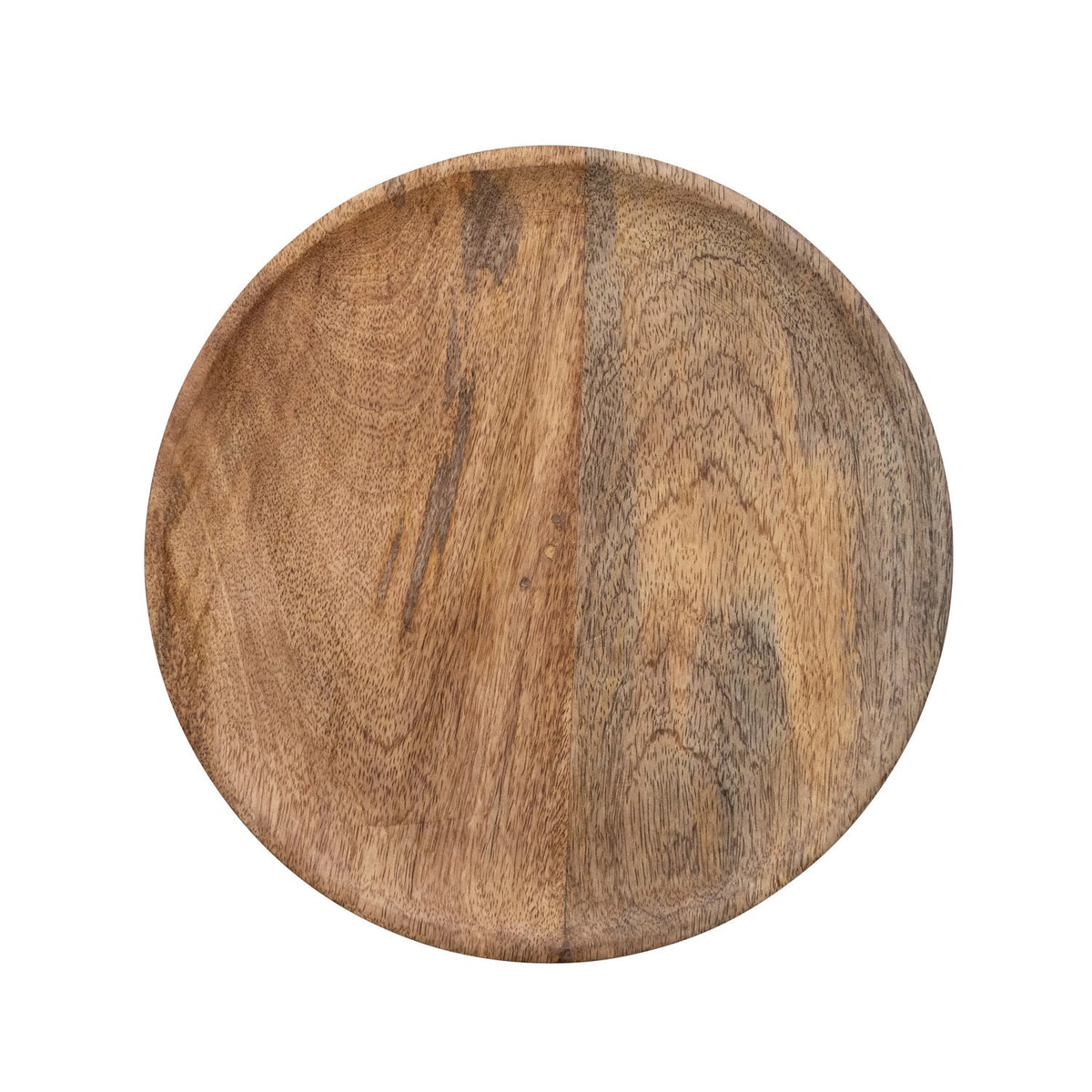 Introducing the Creative Coop &quot;Mango Pedestal with Wood Beads,&quot; a wooden cake stand crafted from 100% mango wood. This elegant stand offers a round, flat surface perfect for holding cakes or desserts and features a decorative carved base adorned with circular bead patterns near the top. The natural finish of the mango wood beautifully showcases its unique grain and texture.