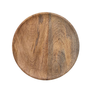 Introducing the Creative Coop "Mango Pedestal with Wood Beads," a wooden cake stand crafted from 100% mango wood. This elegant stand offers a round, flat surface perfect for holding cakes or desserts and features a decorative carved base adorned with circular bead patterns near the top. The natural finish of the mango wood beautifully showcases its unique grain and texture.