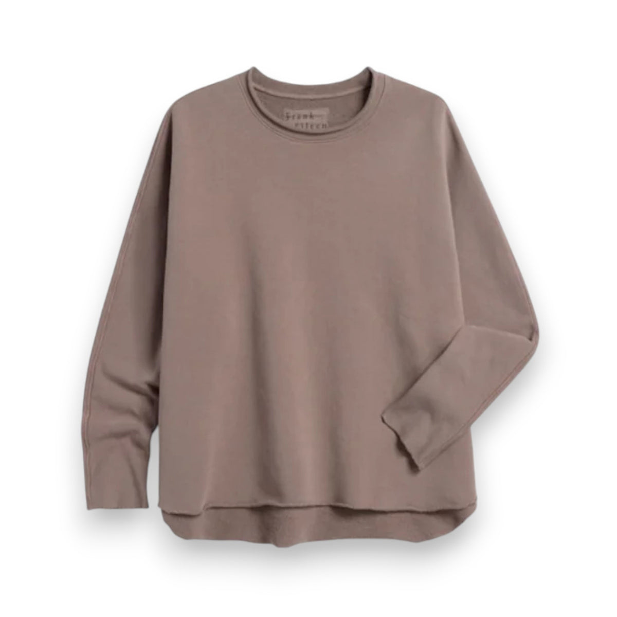 The FRANK &amp; EILEEN Anna Long Sleeve Capelet in Brulee is a 100% cotton, muted taupe crewneck sweatshirt shown on a white background, with one sleeve slightly bent and the other flat.