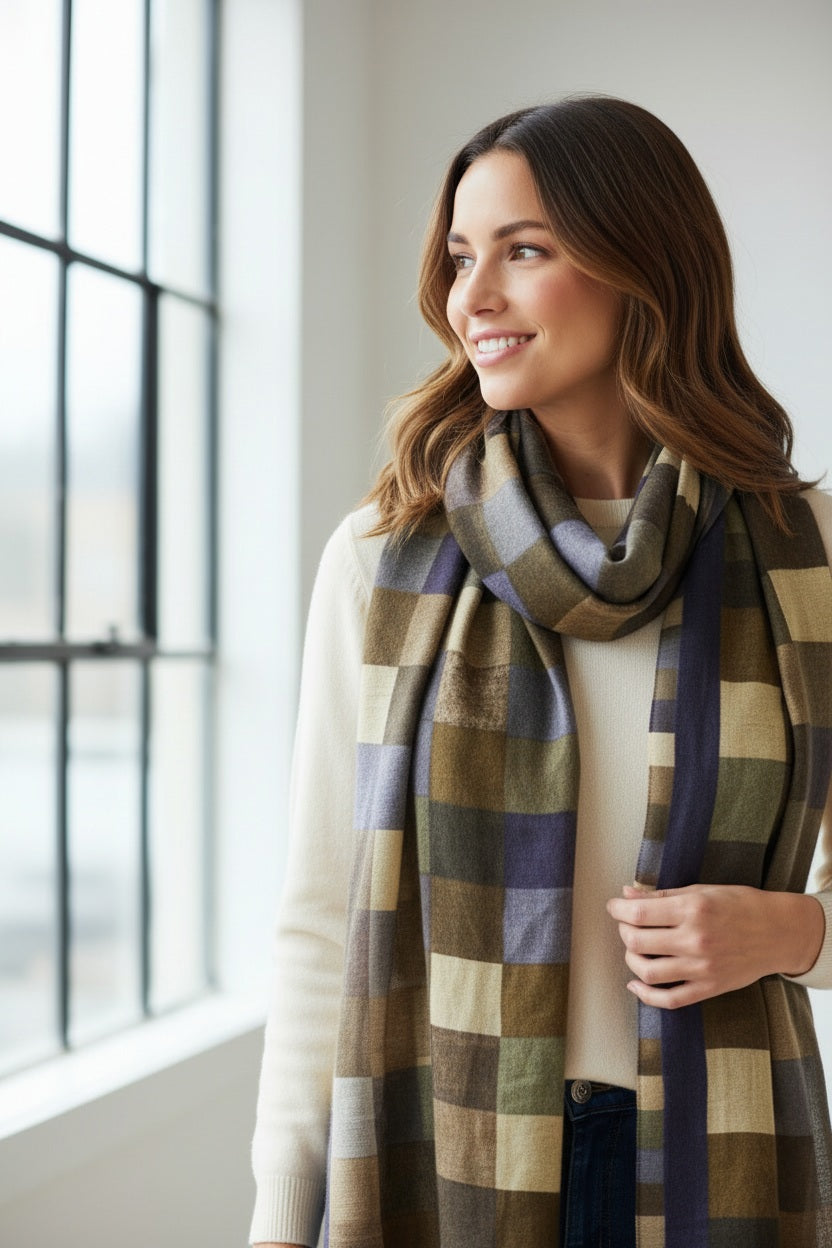 A woman with wavy brown hair smiles while looking out a window. She wears a cream sweater and the HARTFORD Geometric Bandana Scarf in Blue—a large wool accessory, made in India, featuring a geometric motif in shades of green, tan, and navy blue.