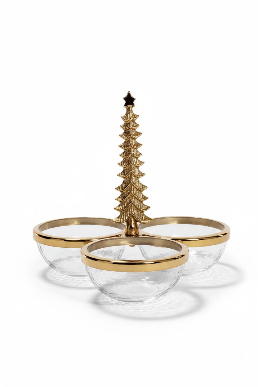 ZODAX GLASS AND ALLOY TRIO CONDIMENT SET IN GOLD featuring three glass condiment bowls with gold rims joined by a central aluminum Christmas tree stand.