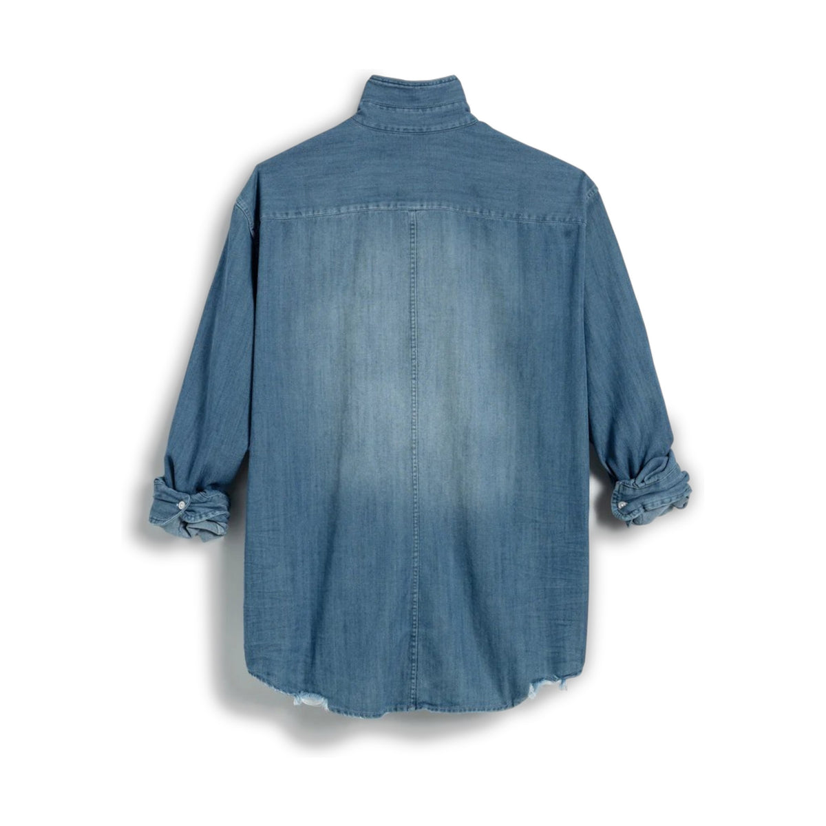 The FRANK &amp; EILEEN LUKE Men’s Famous Denim Distressed Vintage Wash button-up features long sleeves, a front pocket, rolled cuffs, relaxed fit, visible collar label, and comes in light blue Italian denim against a white background.