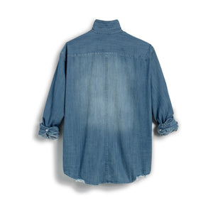 The FRANK & EILEEN LUKE Men’s Famous Denim Distressed Vintage Wash button-up features long sleeves, a front pocket, rolled cuffs, relaxed fit, visible collar label, and comes in light blue Italian denim against a white background.