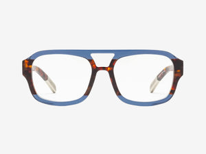 A pair of eyeglasses with a bold, rectangular frame that is blue on the top and tortoiseshell brown on the bottom, featuring clear lenses and wide arms.