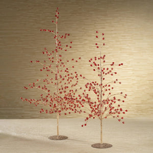 ZODAX BEADED GLASS BERRY TREE - LARGE, a decorative wire tree sculpture with thin metallic branches adorned with red glass beads on a 14 x 23 in circular stand.