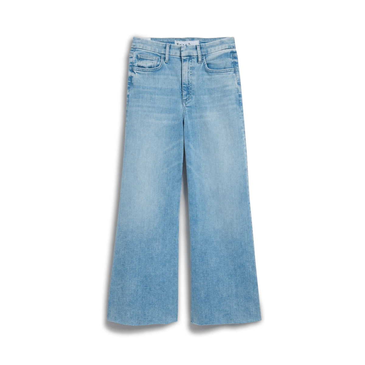 The FRANK &amp; EILEEN GALLWAY Wide Leg Jean in Italian Dream Denim 1986 Mineral Wash features a high waist, classic five-pocket design, and hand-distressed raw hem, shown on a plain white background.