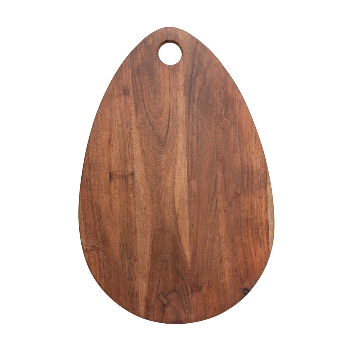 The ACACIA CHEESE BOARD WITH HANDLE by CREATIVE COOP is crafted from elegant acacia wood, featuring an oval shape with a small hole near the top. The natural grain pattern and smooth finish make it perfect for both serving cheese and general kitchen prep.