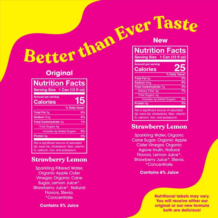 A pink POPPI - STRAWBERRY LEMON can features a large yellow strawberry graphic, white and yellow text, and "For a Healthy Gut" on top. It highlights 4g sugar and prebiotics for gut health. Brand: POPPI.