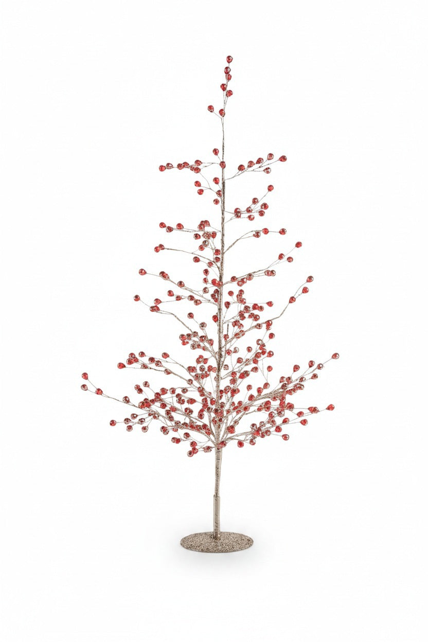 ZODAX BEADED GLASS BERRY TREE - LARGE, a decorative wire tree sculpture with thin metallic branches adorned with red glass beads on a 14 x 23 in circular stand.