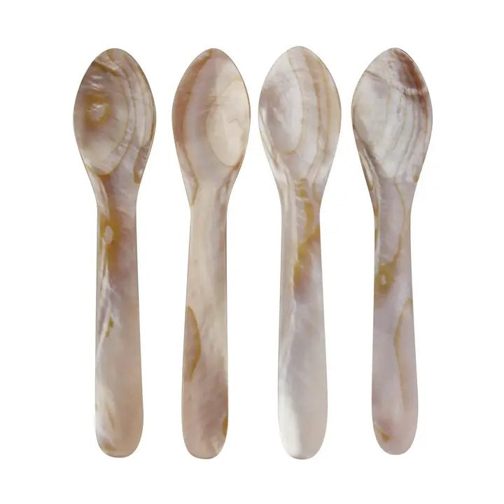 Four BE HOME - SEASHELL SPOONS by BE HOME, INC, featuring beige and brown marbled patterns reminiscent of classic Mother of Pearl, are arranged vertically side by side on a white background.
