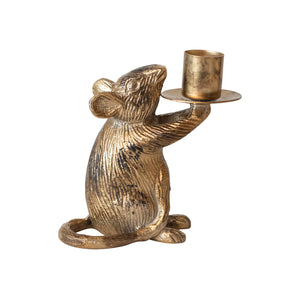 The CREATIVE COOP CAST ALUMINUM MOUSE TAPER HOLDER features a gold-colored mouse sitting upright and holding a candle cup on a plate with one paw.