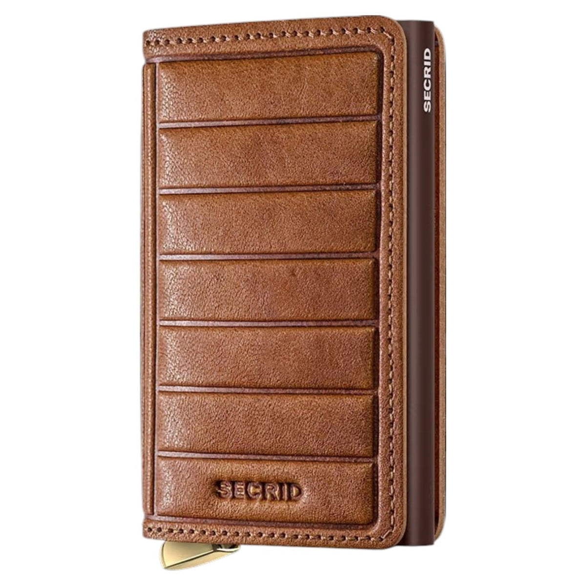 A slim, rectangular SECRID - PREMIUM SLIMWALLET+ EMBOSS LINES IN COGNAC cardholder, displayed vertically with a brown embossed finish and metallic bottom edge. This RFID-protected wallet from SECRID effortlessly combines sophisticated style and security for your daily essentials.